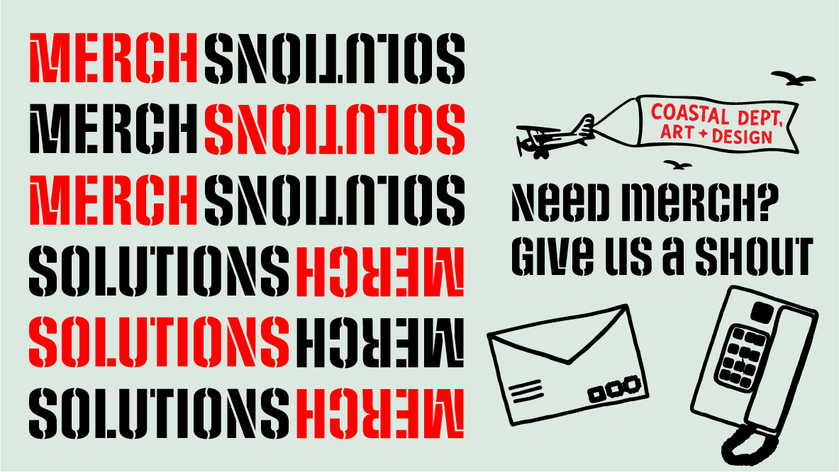 Promotional graphic for Merch Solutions with contact information and branding elements.